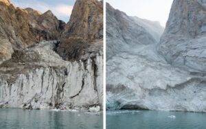 From left to right: before (August 2023) and after (September 2023) photos of the mountain peak and glacier, taken from the fjord. Credit: Søren Rysgaard / Danish Army.